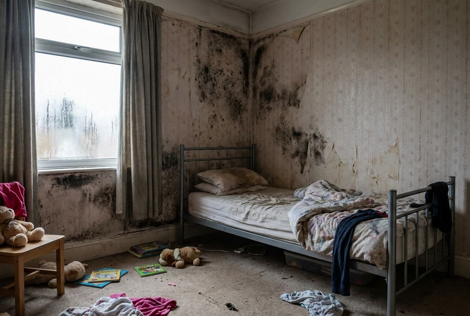 Example of a damp room in a rented home, with numbered markers showing the four kinds of photo to take